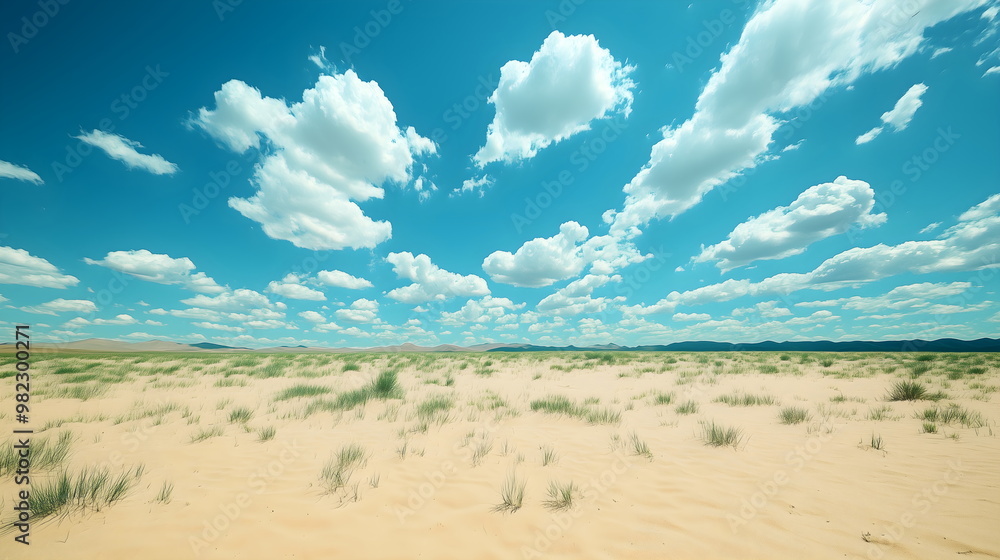 Vast desert landscape with scattered vegetation under blue sky with puffy clouds. Arid terrain stretching to distant mountains Vast desert landscape with scattered vegetation under blue sky with puffy clouds. Arid terrain stretching to distant mountains