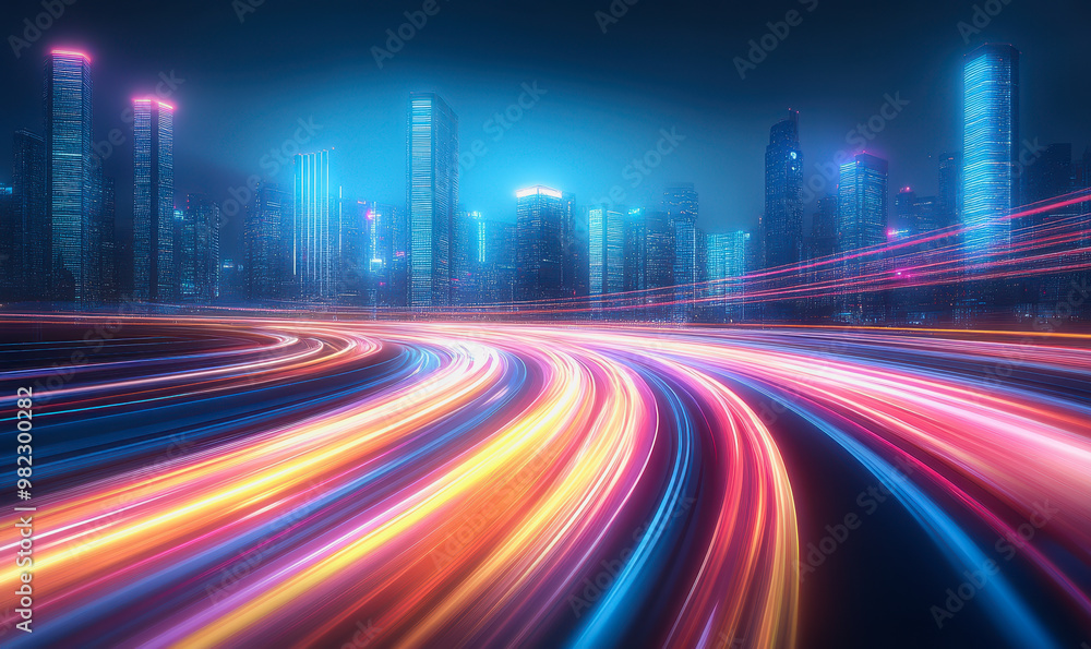 Neon-lit city streets with futuristic motion blur and glowing light trails at night Neon-lit city streets with futuristic motion blur and glowing light trails at night