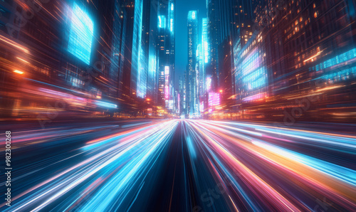 Neon-lit city streets with futuristic motion blur and glowing light trails at night