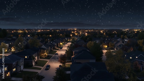 Aerial view of a residential neighborhood at night with street lights and a starry sky.