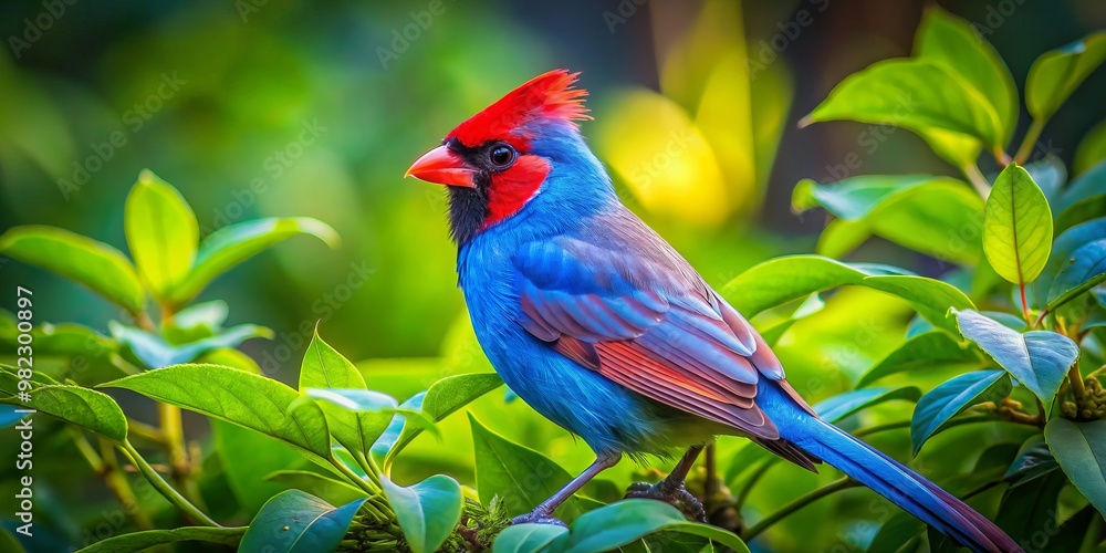 Fototapeta premium In a tapestry of emerald hues, a radiant blue cardinal surveys its domain, its regal presence a perfect