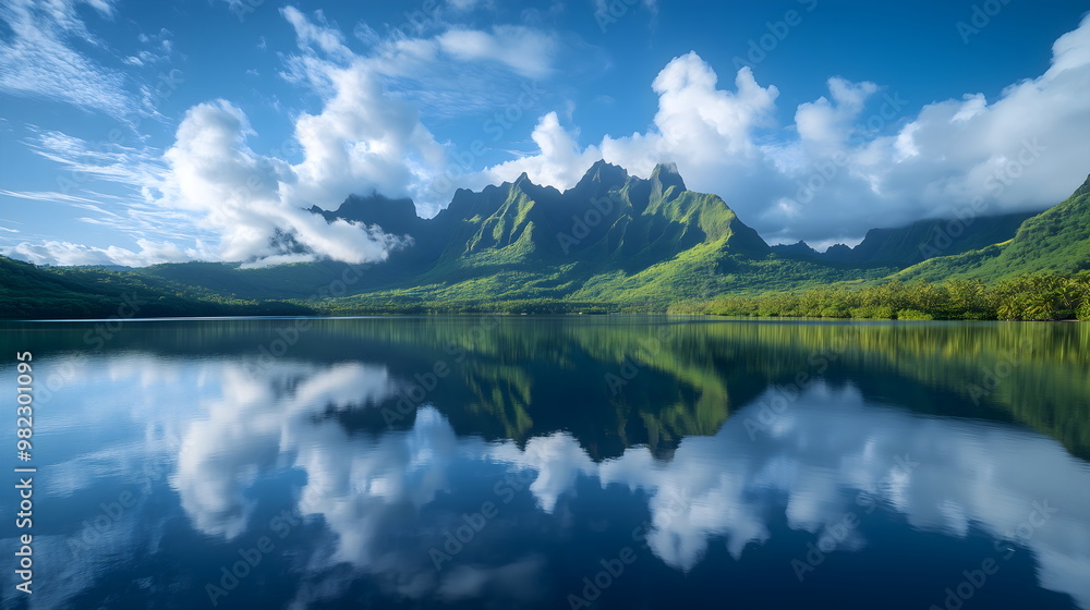 Reflection of mountain range in calm lake surrounded by lush vegetation. Tranquil landscape with clouds and blue sky. Nature magazines and environmental campaigns Reflection of mountain range in calm lake surrounded by lush vegetation. Tranquil landscape with clouds and blue sky. Nature magazines and environmental campaigns