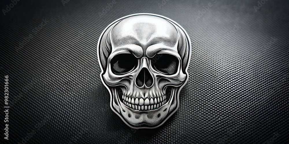 In striking black and white, a skull outline is printed on a transparent stencil, poised for creative expression In striking black and white, a skull outline is printed on a transparent stencil, poised for creative expression