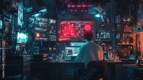 A neon-lit futuristic room, AI-controlled displays and robotic arms, truth serum vials reflecting in the glass. The suspect sits under relentless observation