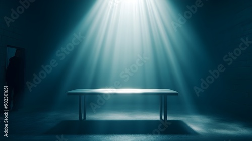 A prison interrogation room with a steel table, flickering fluorescent lights, a guard waiting by the door, suspect in shadow, dark and moody, cinematic lighting, 3D render