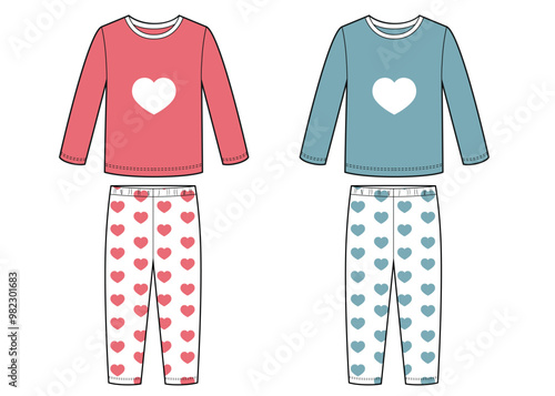 Girls and boys pajamas with hearts pattern, technical sketch.