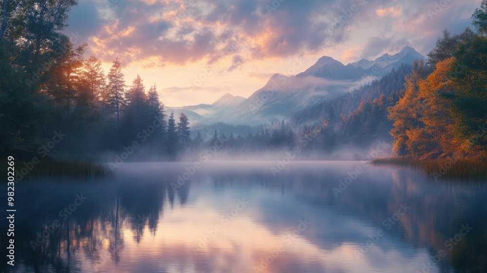 Fototapeta premium Misty Morning Lake Surrounded by Trees and Mountains with a Pink Sky