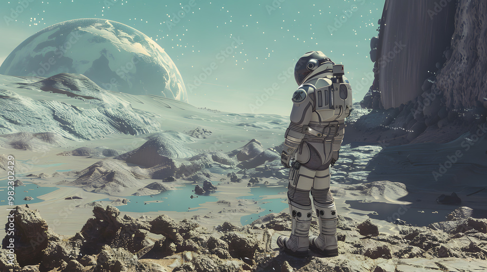 An astronaut in a spacesuit on the surface of an uncharted planet. AI Generated An astronaut in a spacesuit on the surface of an uncharted planet. AI Generated