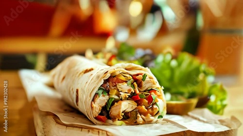 Video delicious chicken shawarma wrap with vegetables and garlic sauce on a plate in cafe setting. Healthy balanced meal