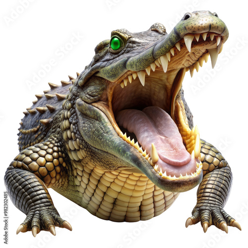 3D Rendered Alligator with Open Mouth and Green Eyes Isolated on White Background, alligator , reptile , crocodile , dangerous