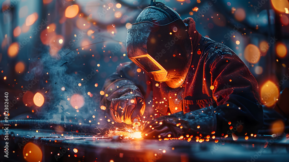 Obraz premium Welder is welding metal, industry them bokeh and sparkle background