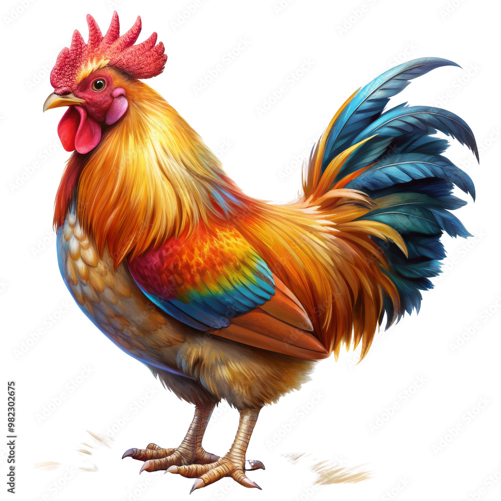 Fototapeta premium Colorful Rooster with Red Crest and Blue Tail Feathers Isolated on White Background, Rooster, Bird, Farm Animal, Animal Illustration