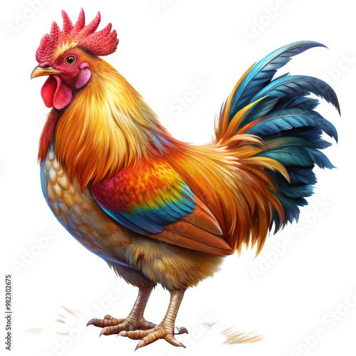 Colorful Rooster with Red Crest and Blue Tail Feathers Isolated on White Background, Rooster, Bird, Farm Animal, Animal Illustration photo