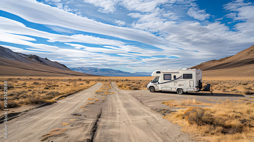 white motorhome car in the middle of a desert during the day white motorhome car in the middle of a desert during the day