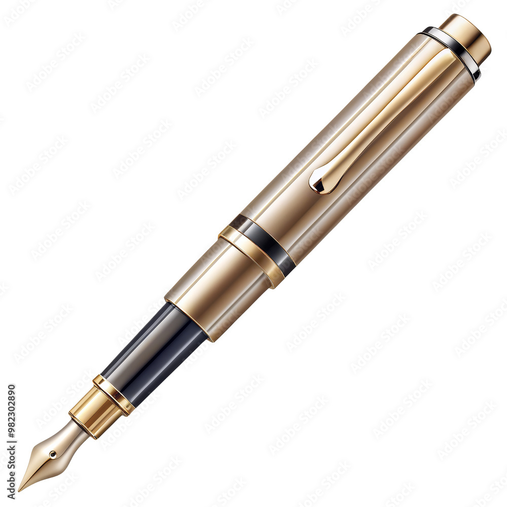 Elegant Gold Fountain Pen Isolated on White Background, pen, writing, stationery, office supply Elegant Gold Fountain Pen Isolated on White Background, pen, writing, stationery, office supply