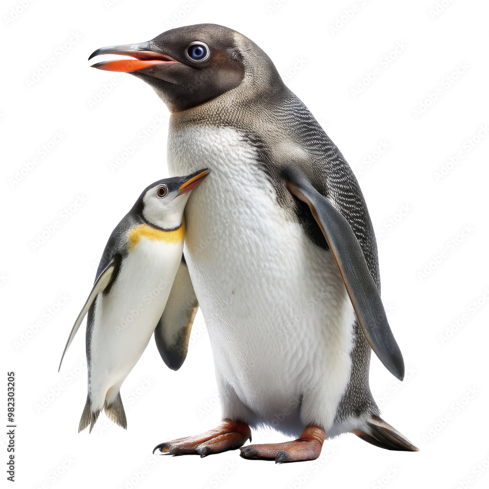 King Penguin and Chick Couple, Isolated on White Background, Wildlife Photography, Antarctic Birds, Penguin Family, Penguin Chick King Penguin and Chick Couple, Isolated on White Background, Wildlife Photography, Antarctic Birds, Penguin Family, Penguin Chick