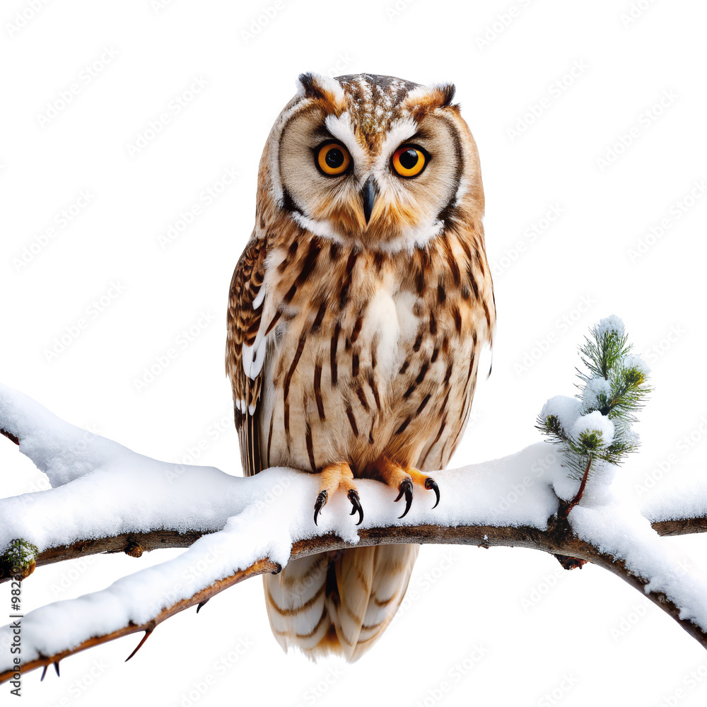 Fototapeta premium Long-eared Owl Perched on Snowy Branch, Isolated on White Background, Owl, Bird, Winter, Nature