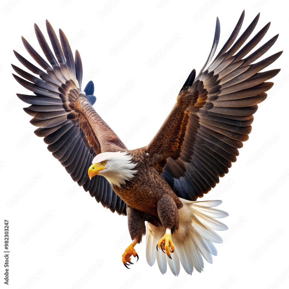 Obraz premium Majestic Bald Eagle with Spread Wings Isolated on White Background, eagle , bird , feather , wild animal