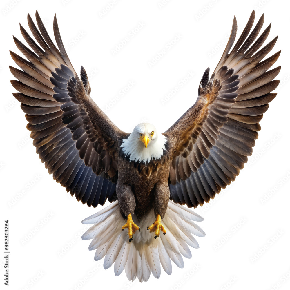 Obraz premium Majestic Bald Eagle with Spread Wings Isolated on White Background, eagle, bird, predator, wildlife