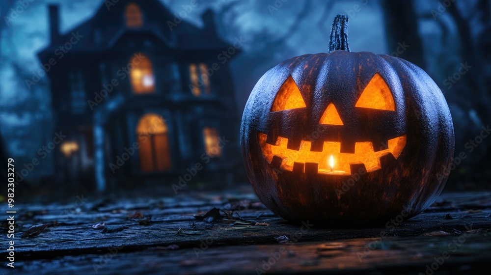 Halloween pumpkin with candlelight in front of a haunted house background, Halloween pumpkin with candlelight in front of a haunted house background,