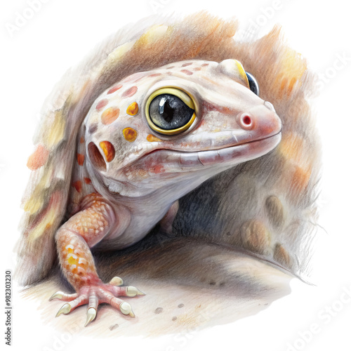 Leopard Gecko in Hiding, Colored Pencil Drawing, Reptile, Pet,  Animal, isolated on white background, Leopard Gecko,  colored pencil, drawing, reptile photo