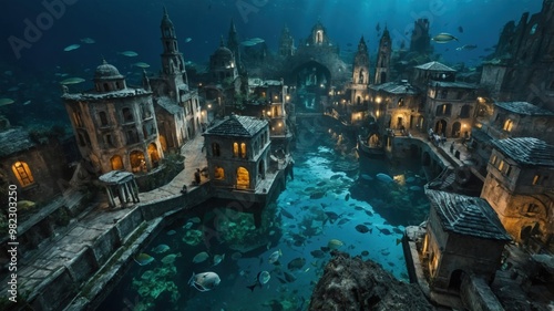 The sunken cityscape of Atlantis showcases the faded beauty of a grand civilization now lost to time