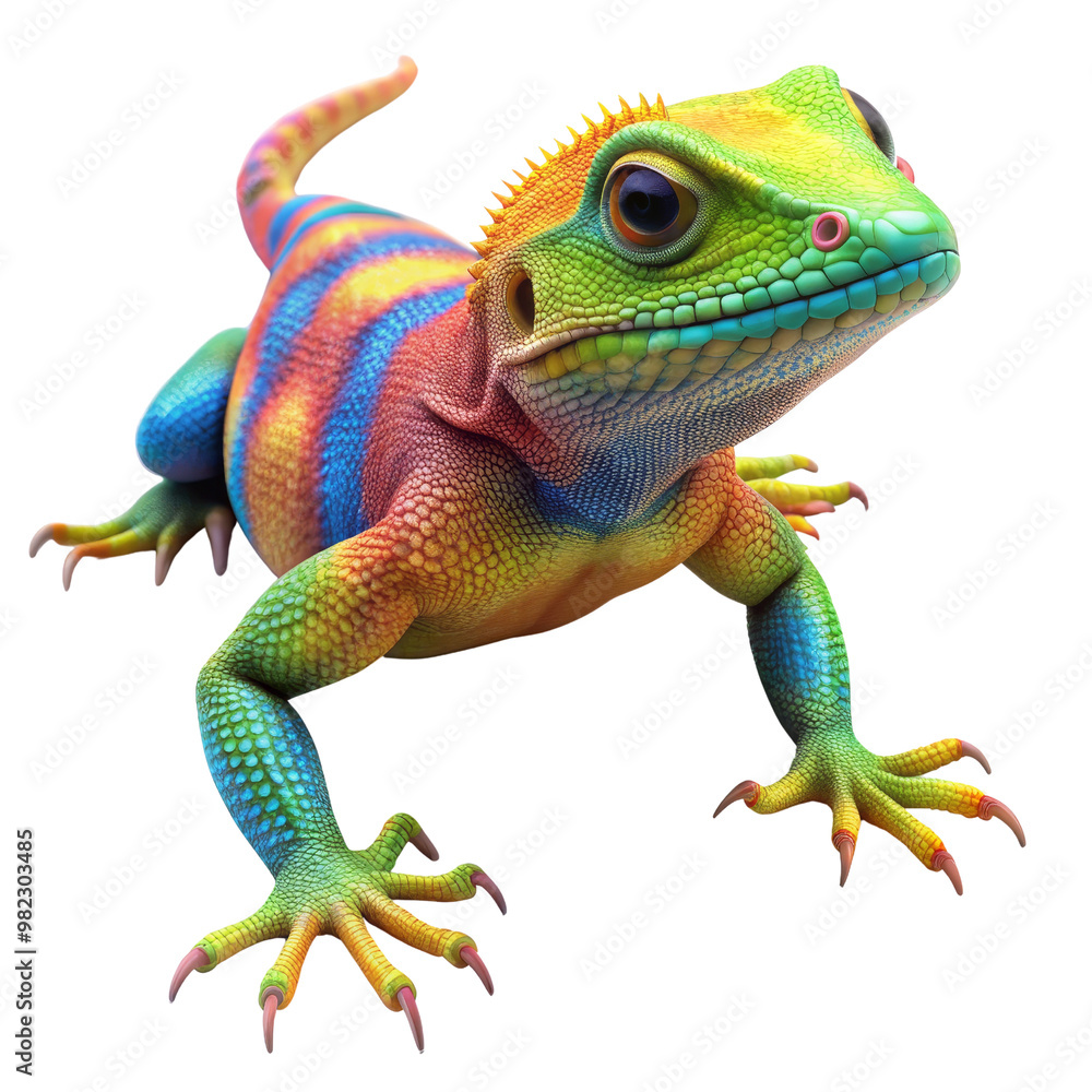 Obraz premium Rainbow Lizard - 3D Rendered Digital Art - Isolated on White Background, Lizard, Reptile, Colorful, 3D Art