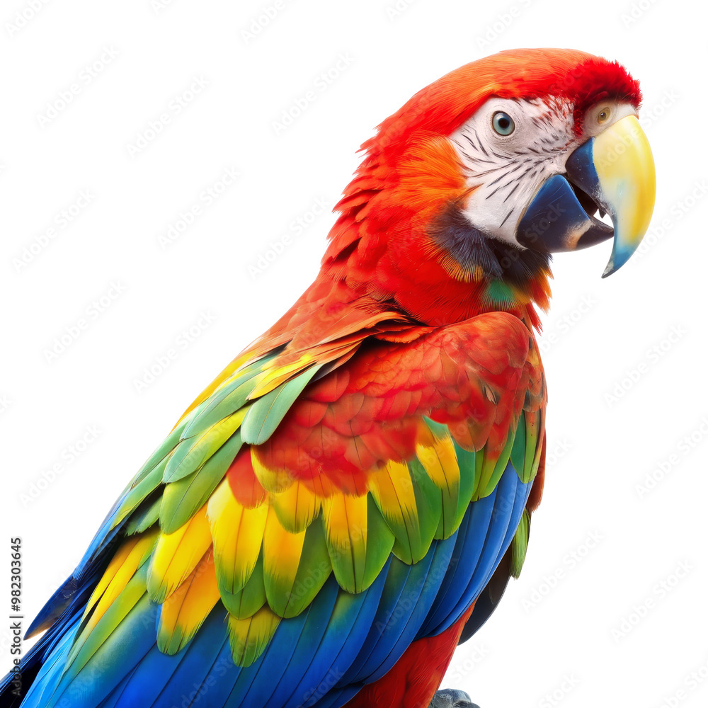 Scarlet Macaw with Vibrant Feathers Isolated on White Background, Macaw, Parrot, Bird, Tropical Scarlet Macaw with Vibrant Feathers Isolated on White Background, Macaw, Parrot, Bird, Tropical
