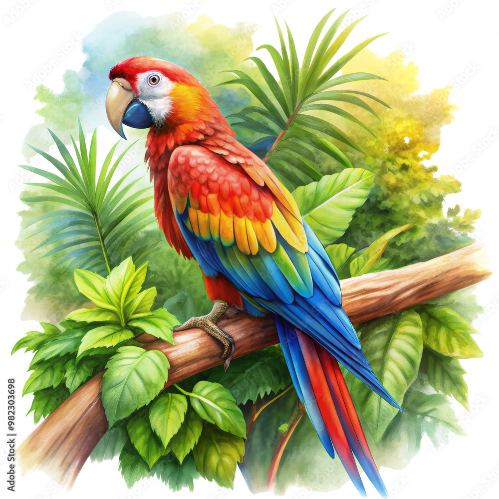 Fototapeta premium Scarlet Macaw Perched on a Branch, Watercolor Illustration, Isolated on White Background, macaw, bird, tropical, parrot, jungle, watercolor