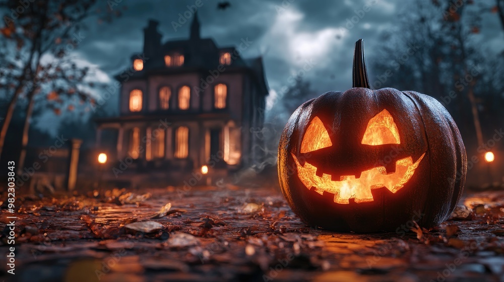 Halloween pumpkin with candlelight in front of a haunted house background, Halloween pumpkin with candlelight in front of a haunted house background,