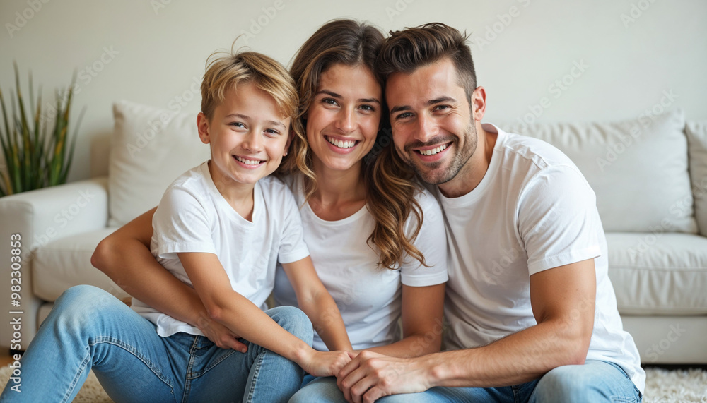 Beautiful and happy smiling young family in white T-shirts are hugging and have a fun time together while sitting on the floor and looking on camera, Relationship concept, happy family Beautiful and happy smiling young family in white T-shirts are hugging and have a fun time together while sitting on the floor and looking on camera, Relationship concept, happy family