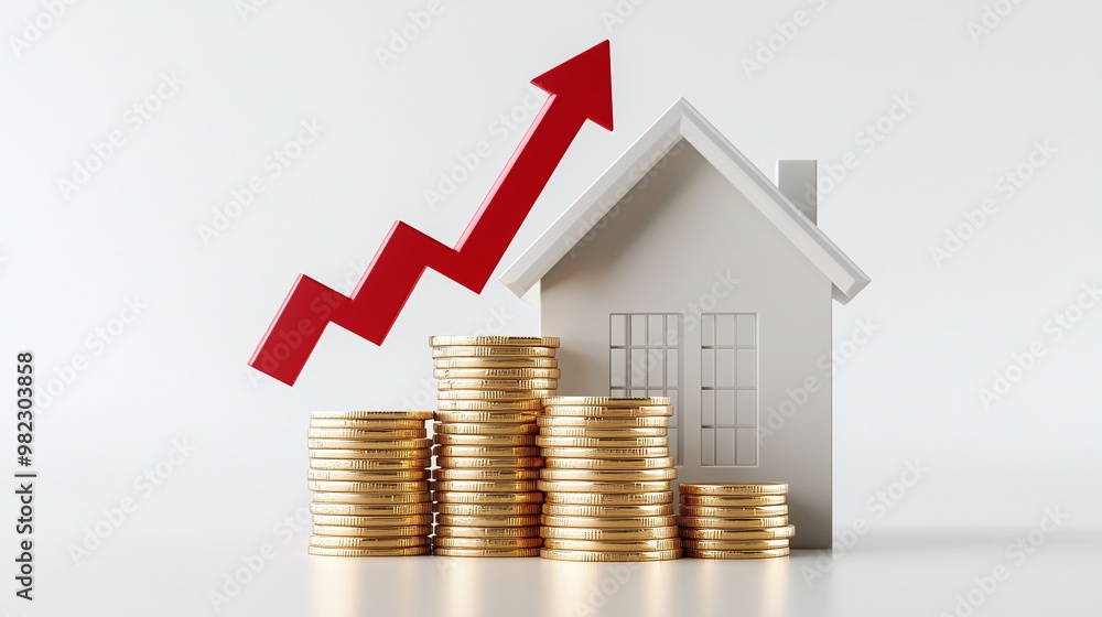 A house model with coins and a rising graph symbolizing growth in real estate investment and financial success. Real estate and property crisis concept. A house model with coins and a rising graph symbolizing growth in real estate investment and financial success. Real estate and property crisis concept.