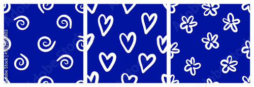 Naive Blue playful seamless pattern set with doodle Hearts, Daisy and Squiggle. Abstract matisse pattern in bright childish colors. Messy graffiti sketch wallpaper print. Doodle contemporary backgroun