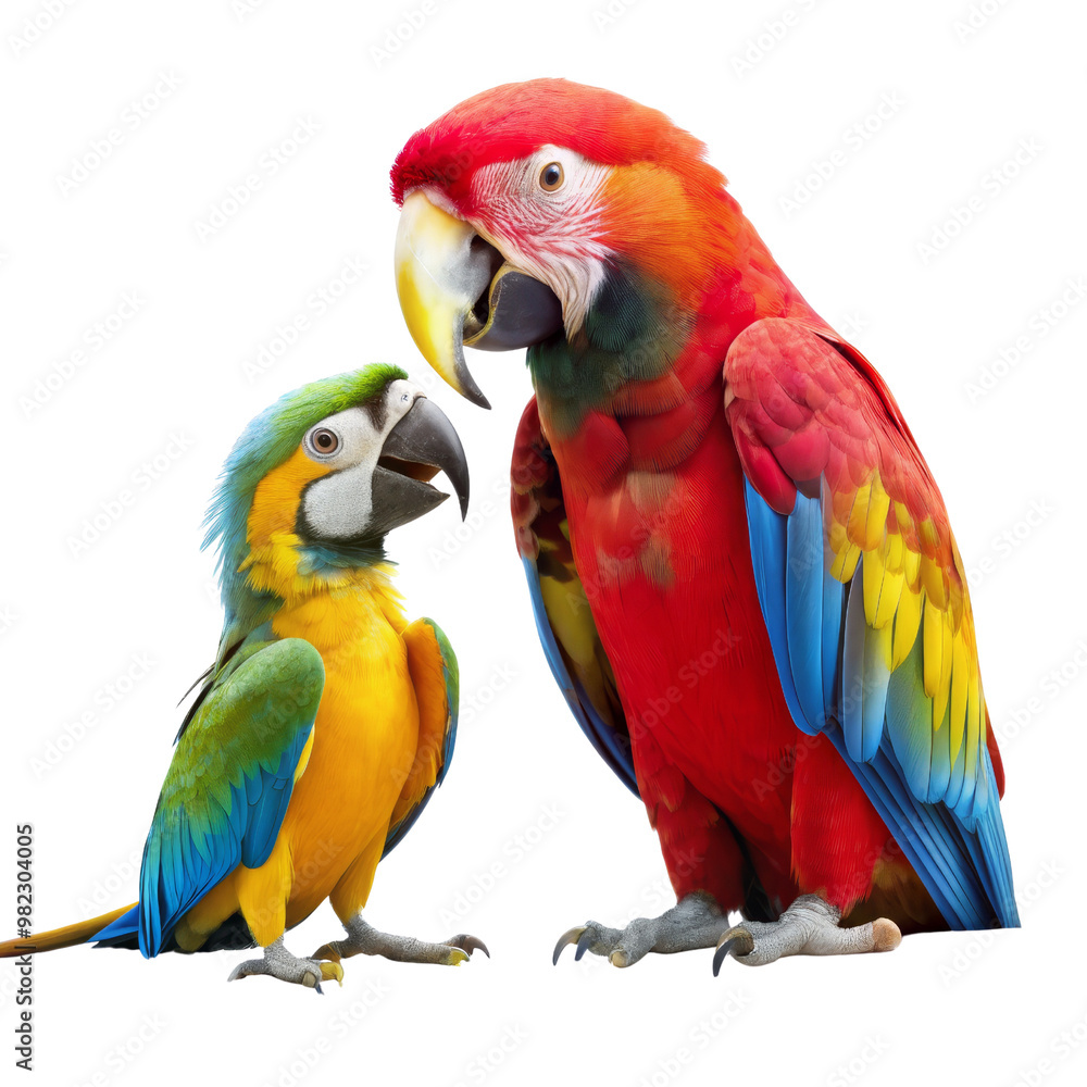 Two Colorful Macaws Facing Each Other, Isolated on White Background, macaw, bird, parrot, tropical Two Colorful Macaws Facing Each Other, Isolated on White Background, macaw, bird, parrot, tropical
