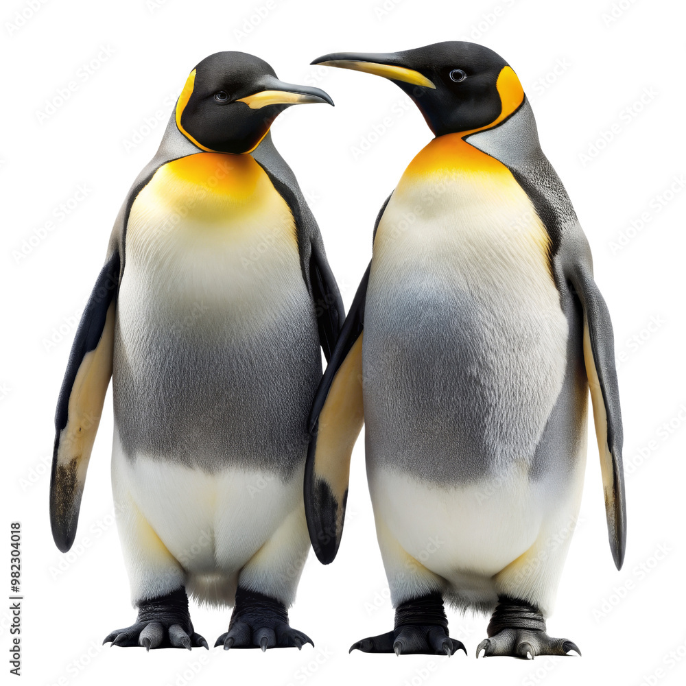 Fototapeta premium Two King Penguins Facing Each Other Isolated on White Background, penguin, aptenodytes patagonicus, antarctica, wildlife