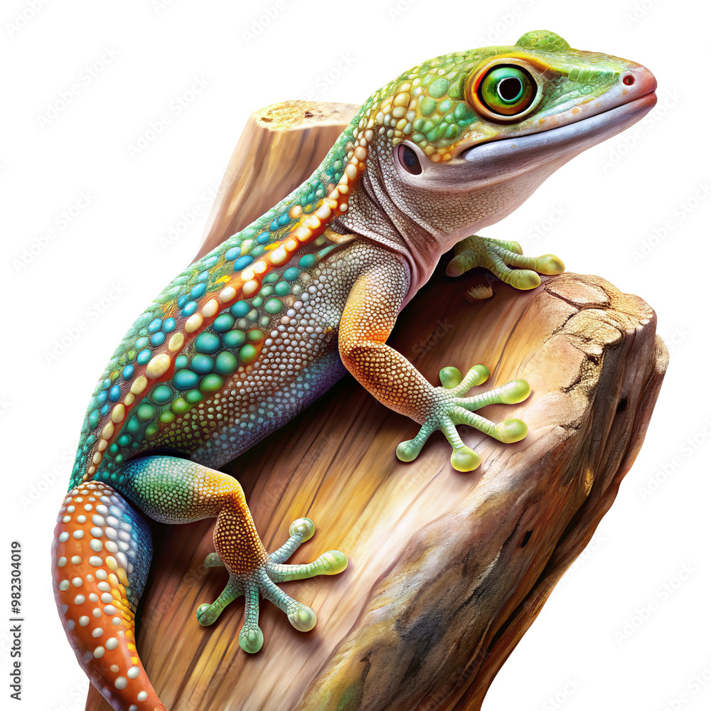 Naklejka premium Vibrant Green Gecko on Branch, Isolated on White Background, Reptile, Animal, Wildlife, Lizard