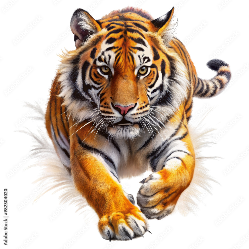 Obraz premium Tiger Pouncing, Realistic Digital Painting, Orange and Black Stripes, Isolated on White Background, tiger, pounce, predator, animal, wildlife