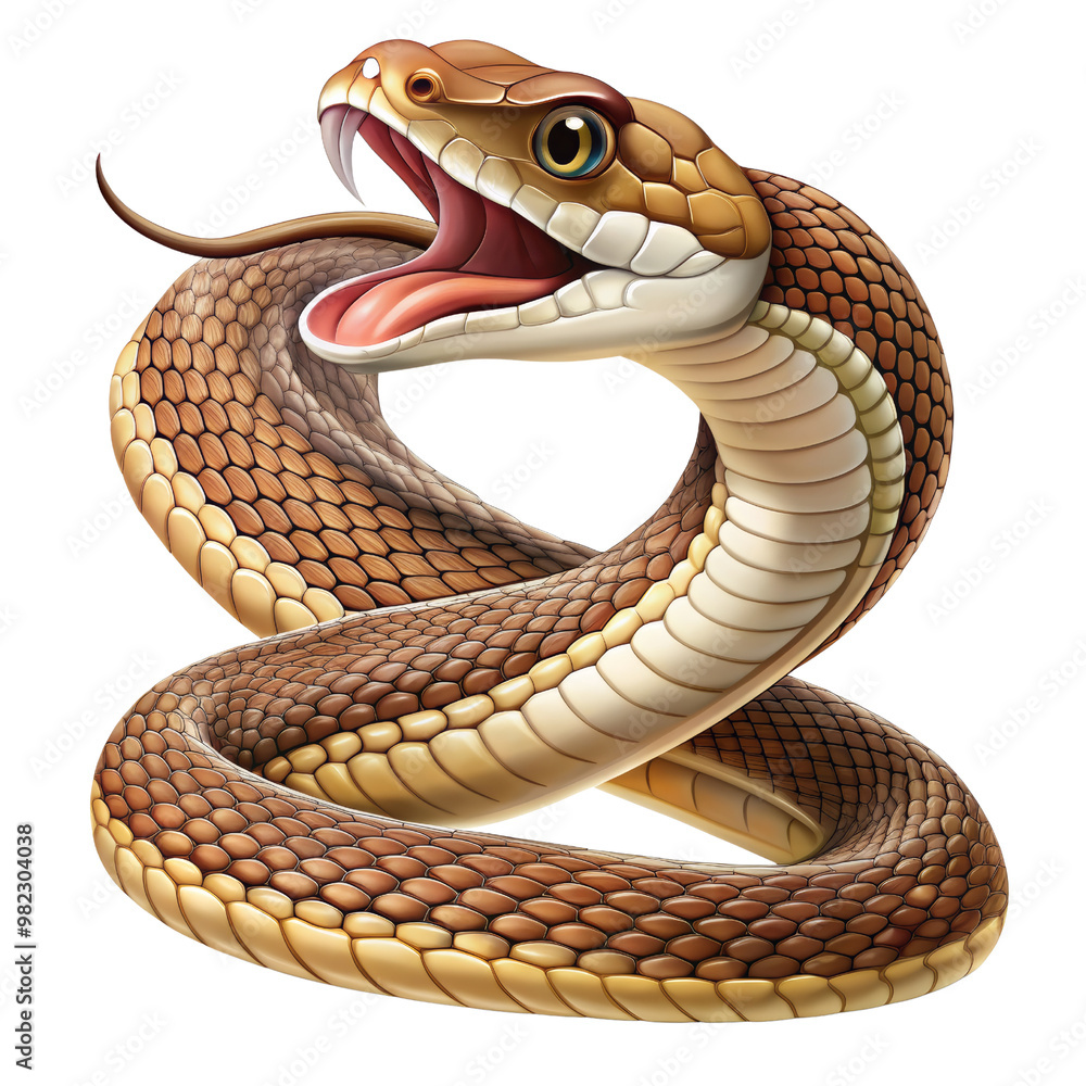 Fototapeta premium Venomous Snake with Fangs Out, Digital Illustration, Brown and Yellow Scales, Isolated on White Background, snake, reptile, danger, venomous