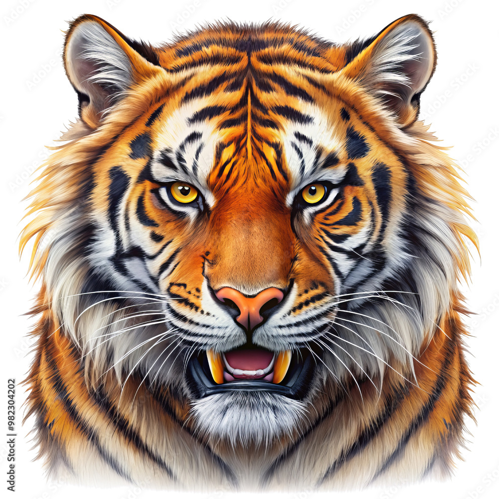 Naklejka premium Tiger Head Portrait - Fierce Predator with Open Mouth and Yellow Eyes, Isolated on White Background, tiger, predator, animal, wild, animal portrait