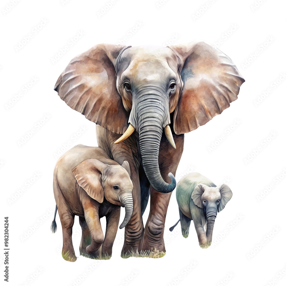 Obraz premium Watercolor Illustration of a Mother Elephant and Her Two Calves Isolated on White Background, watercolor painting, elephant family, african elephant, wild animal