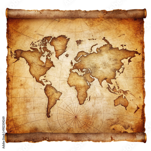 Vintage World Map on Old Parchment Scroll, Isolated on White Background, world map, vintage map, ancient map, parchment scroll