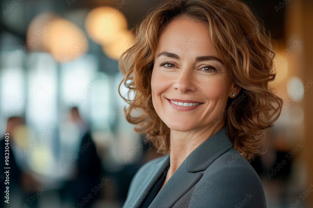 Fototapeta premium Confident and smiling middle-aged businesswoman with curly hair is dressed in professional suit, standing in modern office environment with blurred background