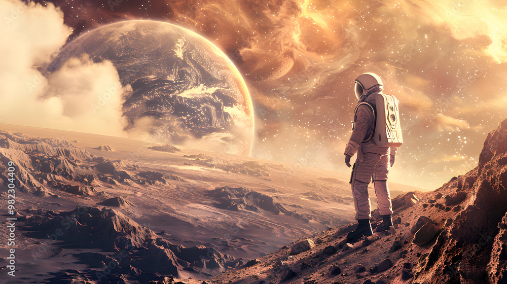 Fototapeta premium An astronaut in a spacesuit on the surface of an uncharted planet. AI Generated