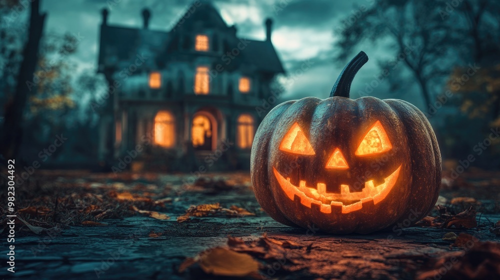 Halloween pumpkin with candlelight in front of a haunted house background, Halloween pumpkin with candlelight in front of a haunted house background,