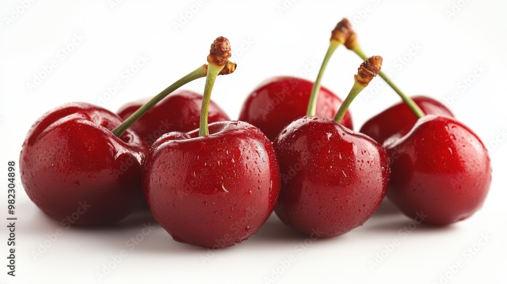 Fresh Red Cherries with Water Droplets on White Background