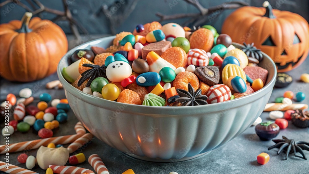 An overflowing candy bowl with vibrant Halloween treats, perfect for trick-or-treating night An overflowing candy bowl with vibrant Halloween treats, perfect for trick-or-treating night