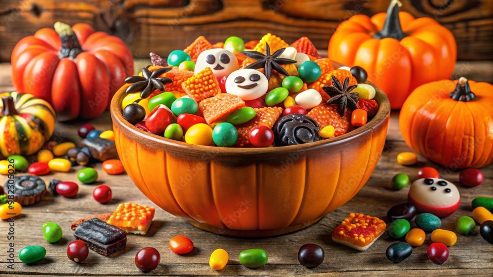 A assortment of Halloween candy in a large bowl, surrounded by spooky decorations A assortment of Halloween candy in a large bowl, surrounded by spooky decorations