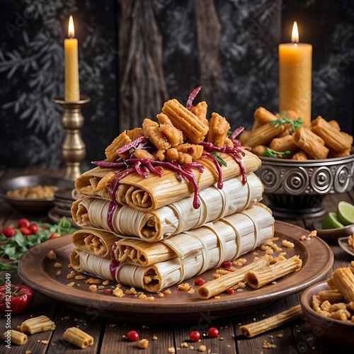 Guajolocombo tradicional: tamales mexicanos en torta acompañados de atole en el dia de muertos photo