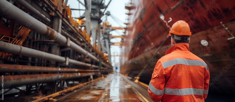 A worker in safety gear observes the industrial scene of a dockyard, surrounded by large ships and equipment. A worker in safety gear observes the industrial scene of a dockyard, surrounded by large ships and equipment.