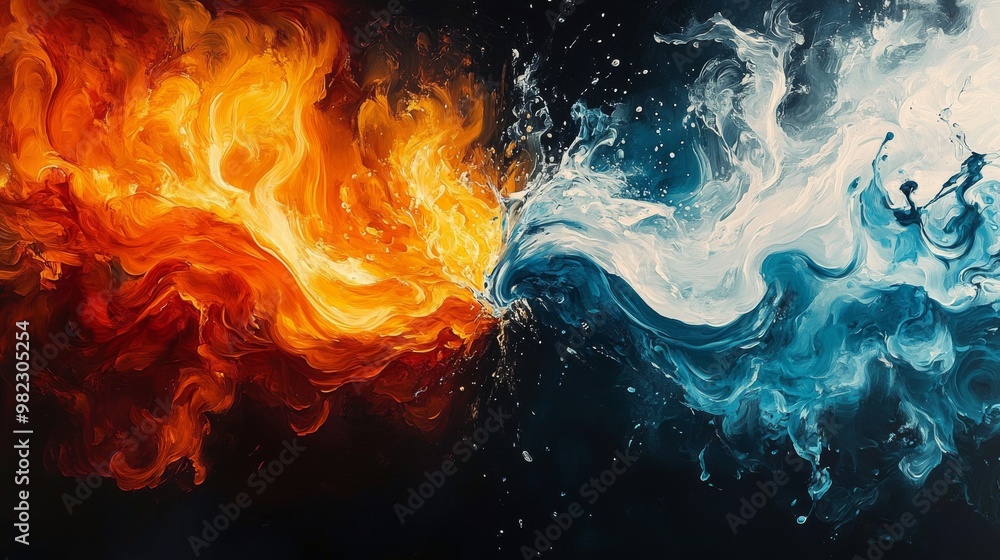 Abstract Painting of Fire and Water Clashing